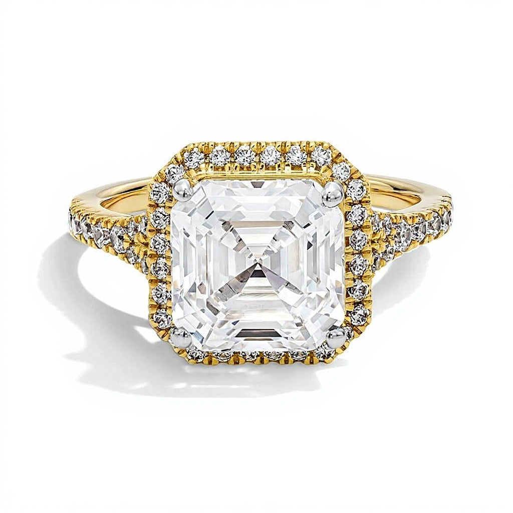 4.5 CT. TW Asscher-Cut Lab-Grown Diamond Frame Engagement Ring in 14K Yellow Gold (F/VS2)