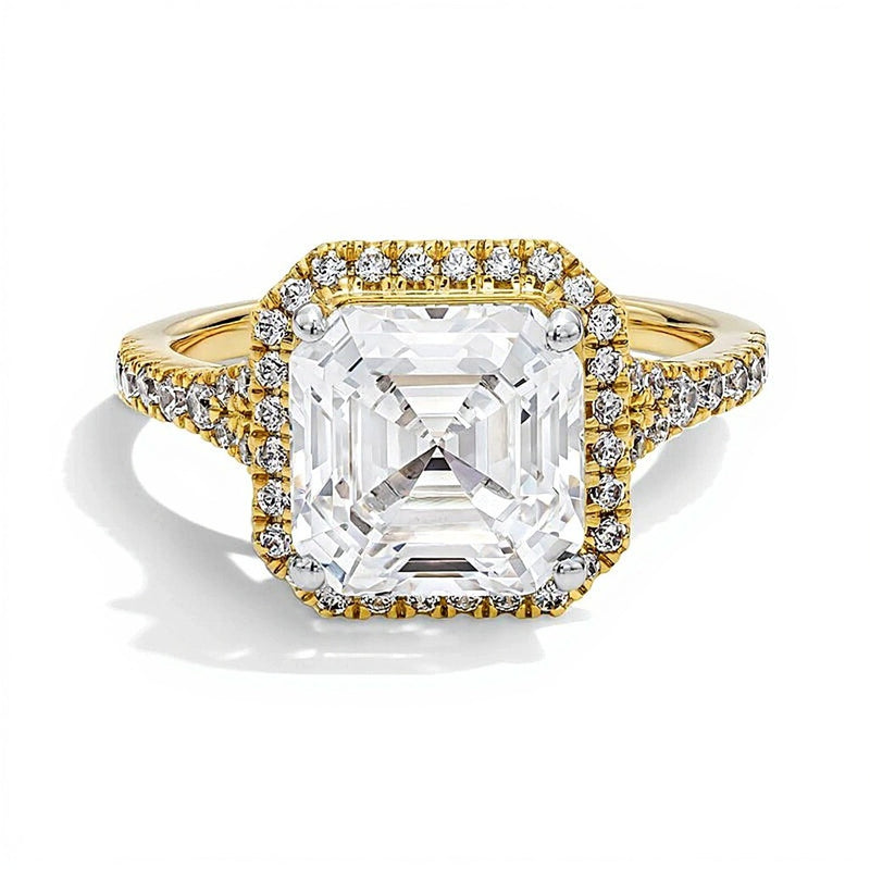 4.5 CT. TW Asscher-Cut Lab-Grown Diamond Frame Engagement Ring in 14K Yellow Gold (F/VS2)