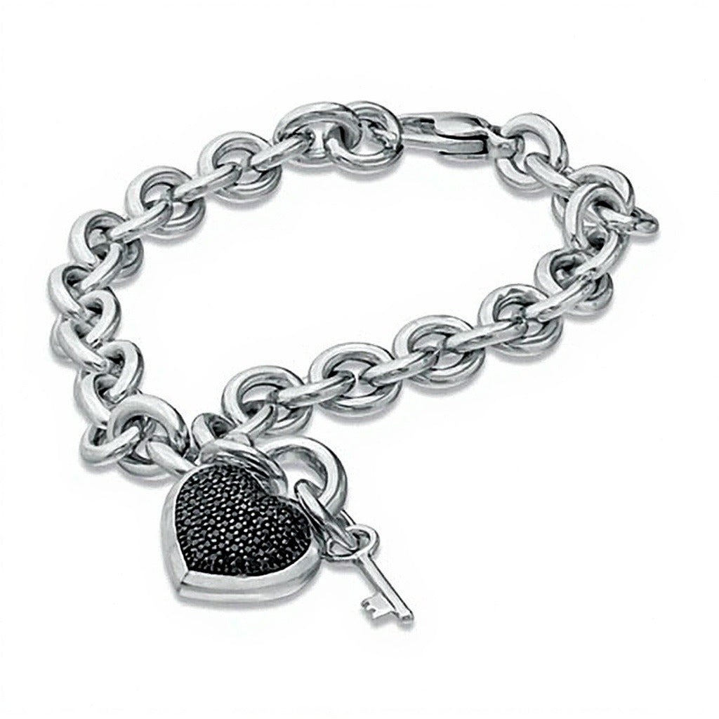 0.33 CT. TW Black Diamond Heart with Key Charm Bracelet in Sterling Silver - 7.5"