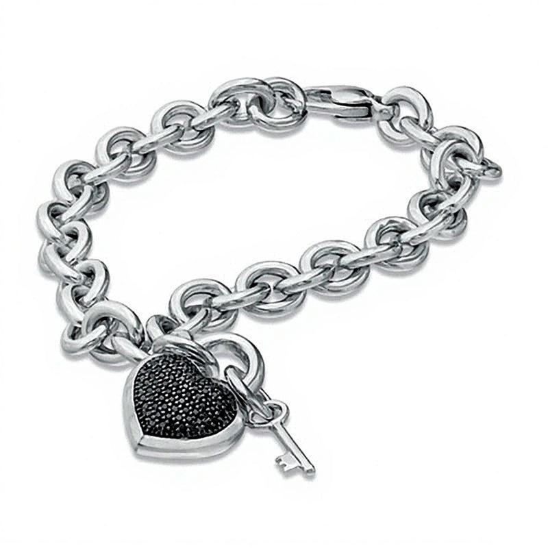 0.33 CT. TW Black Diamond Heart with Key Charm Bracelet in Sterling Silver - 7.5"