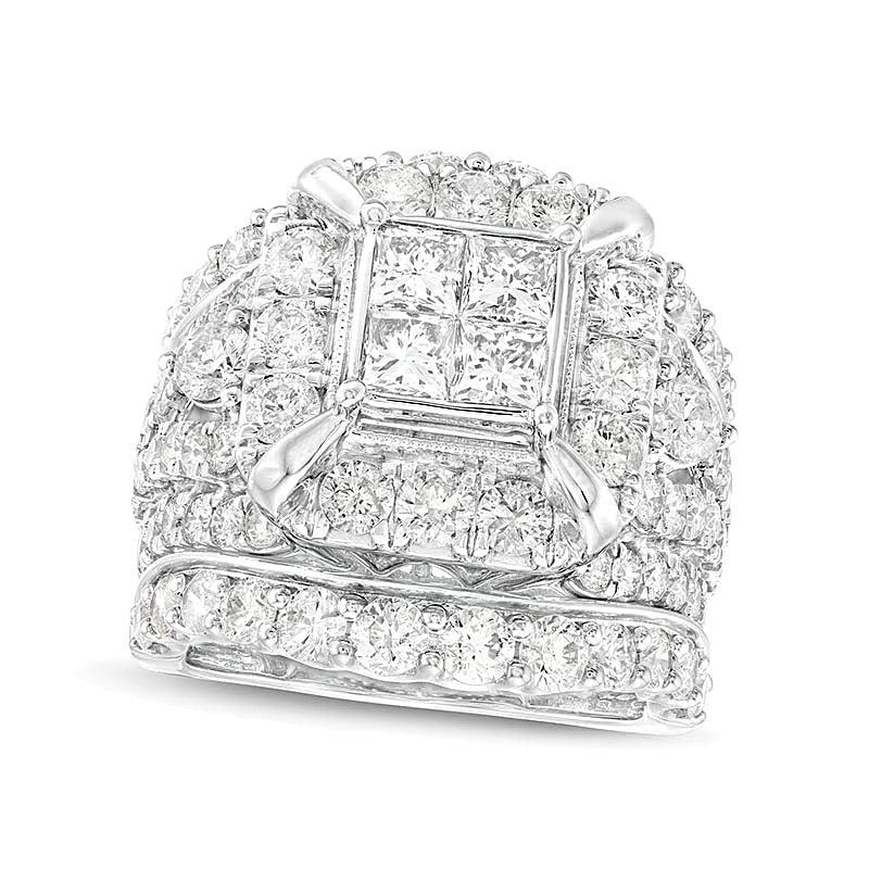 5.0 CT. TW Quad Princess-Cut Diamond Frame Multi-Row Soldered Bridal Set in 14K White Gold