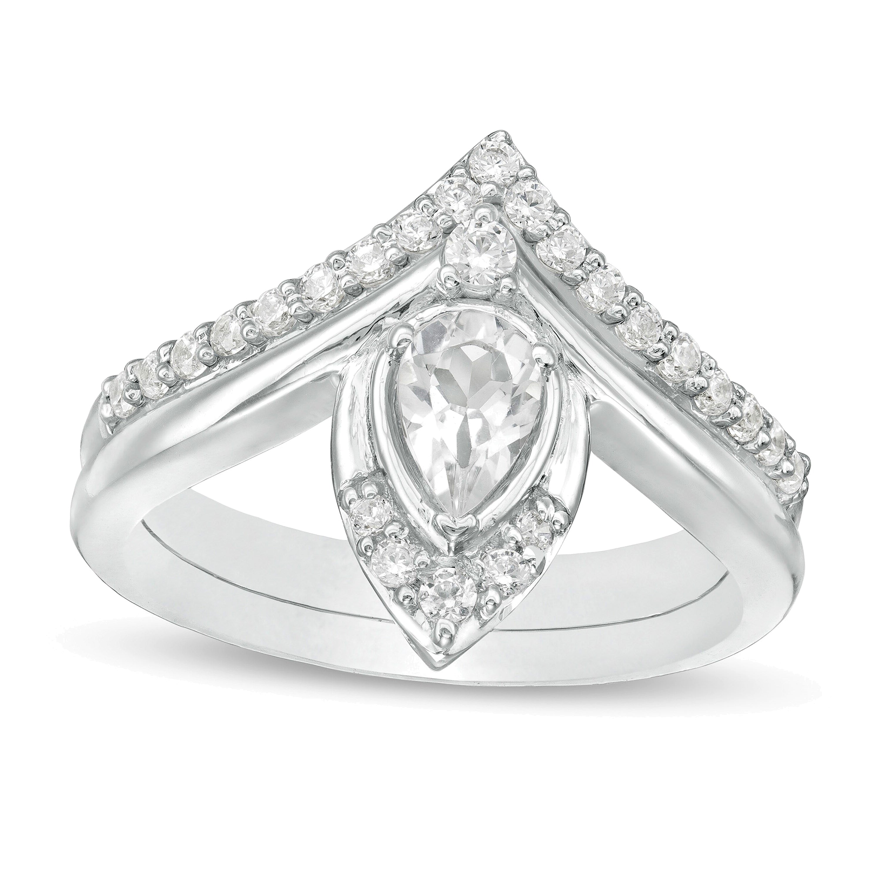Pear-Shaped Lab-Created White Sapphire and 0.33 CT. TW Diamond Chevron Bridal Set in 10K White Gold