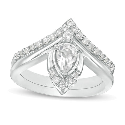 Pear-Shaped Lab-Created White Sapphire and 0.33 CT. TW Diamond Chevron Bridal Set in 10K White Gold
