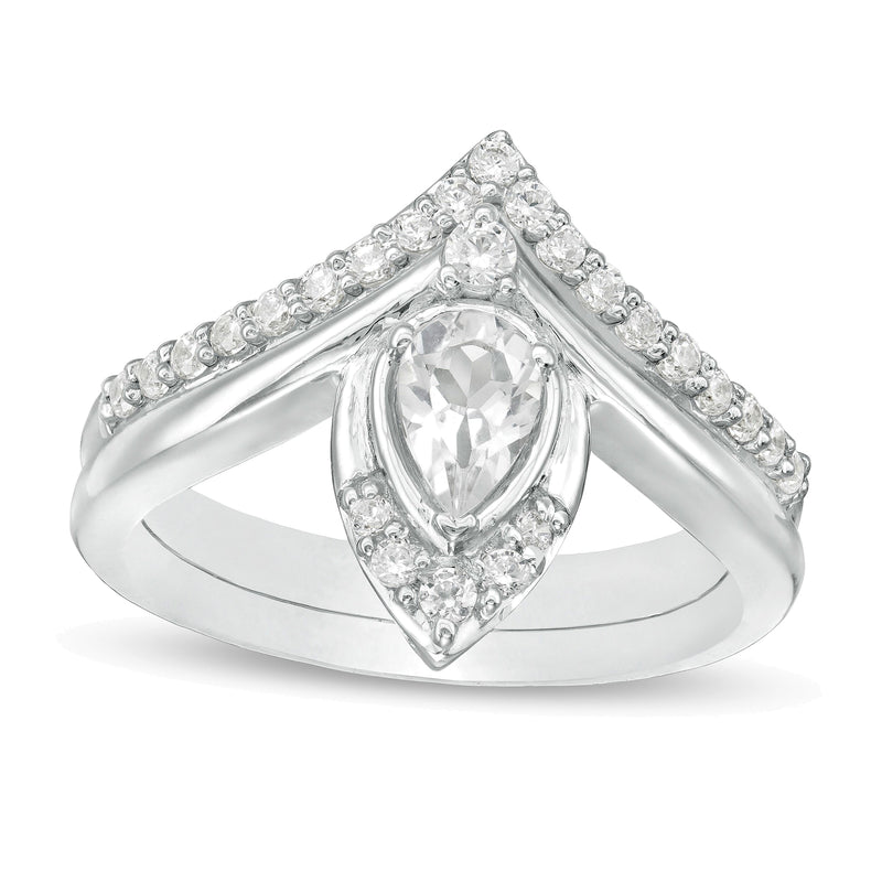 Pear-Shaped Lab-Created White Sapphire and 0.33 CT. TW Diamond Chevron Bridal Set in 10K White Gold