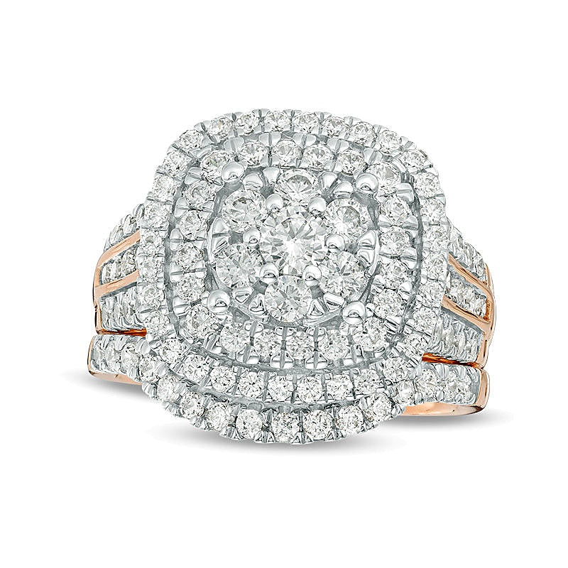 2.0 CT. TW Diamond Triple Cushion Frame Bridal Set in 10K Rose Gold