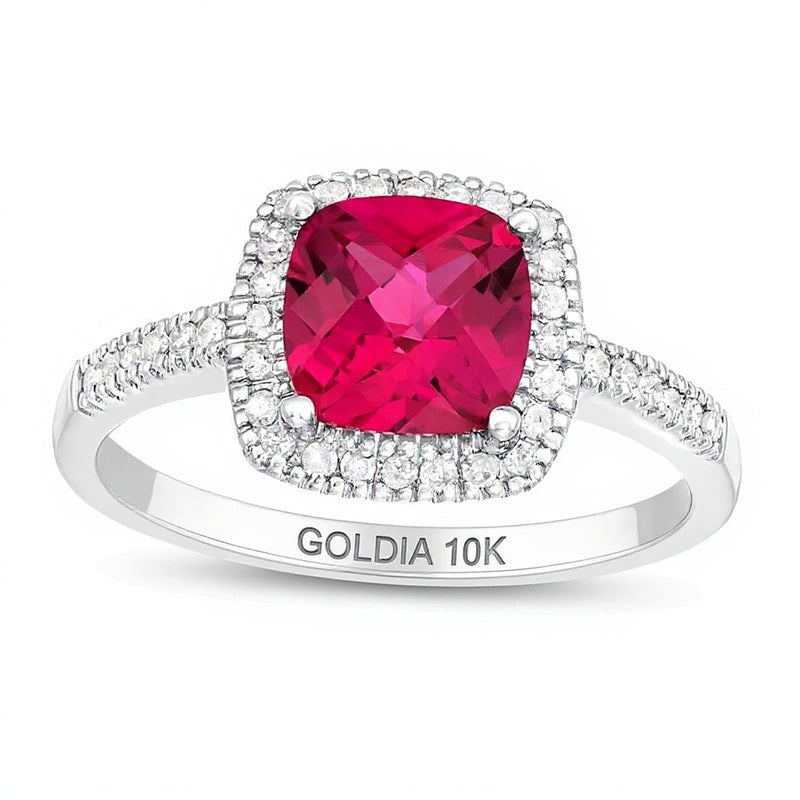 7.0mm Checkerboard Cushion-Shaped Lab-Created Ruby and 0.2 CT. TW Diamond Frame Ring in 10K White Gold