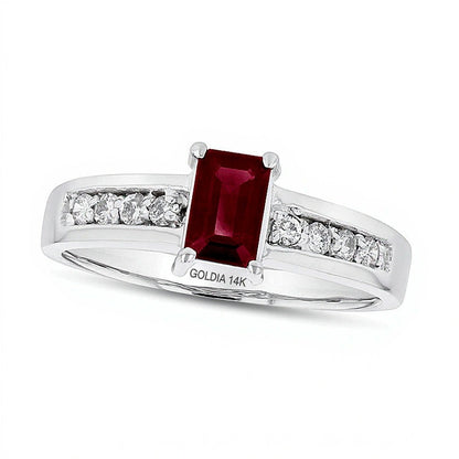 Emerald-Cut Ruby and 0.17 CT. TW Diamond Engagement Ring in 14K White Gold
