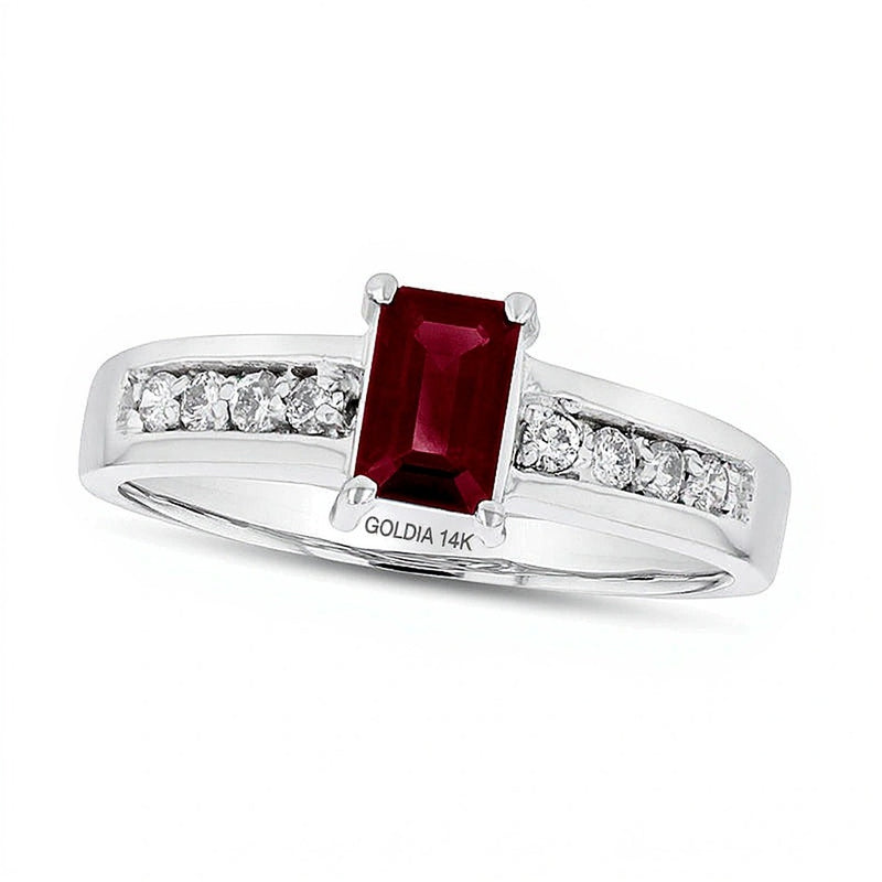 Emerald-Cut Ruby and 0.17 CT. TW Diamond Engagement Ring in 14K White Gold