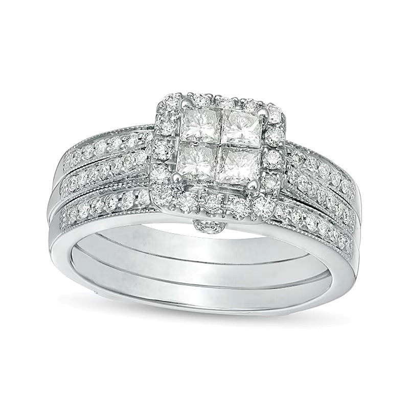 0.75 CT. TW Quad Princess-Cut Diamond Frame Vintage-Style Three Piece Bridal Set in 10K White Gold