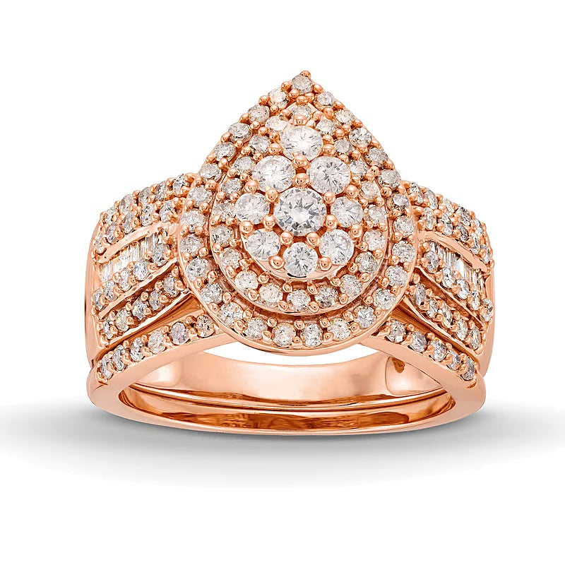 1.25 CT. TW Pear Multi-Diamond Teardrop Bow-Tie Bridal Set in 10K Rose Gold