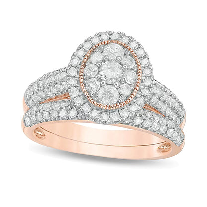 1.0 CT. TW Multi-Diamond Oval Frame Vintage-Style Bridal Set in 10K Rose Gold