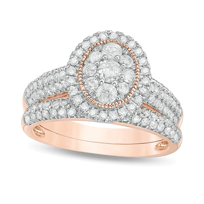 1.0 CT. TW Multi-Diamond Oval Frame Vintage-Style Bridal Set in 10K Rose Gold