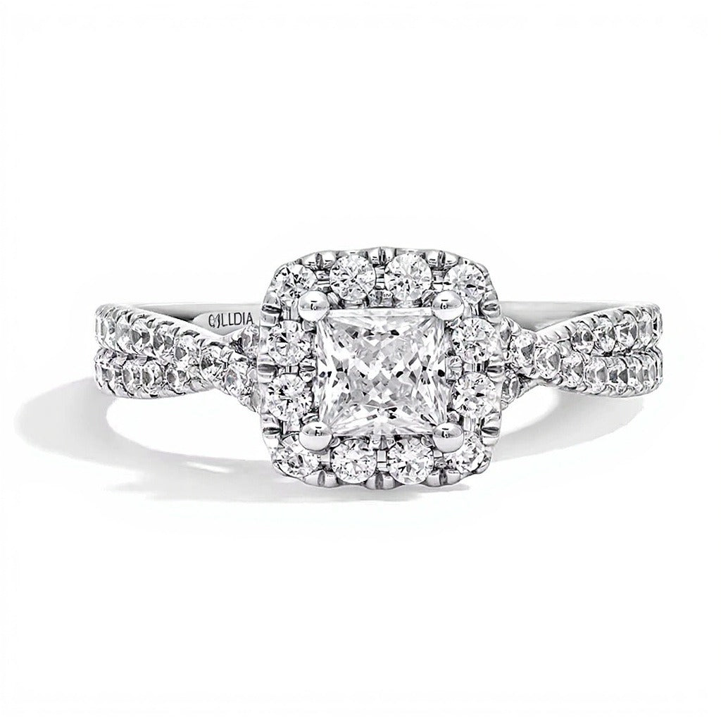 1.0 CT. TW Princess-Cut Lab-Grown Diamond Cushion Frame Crossover Shank Engagement Ring in 14K White Gold