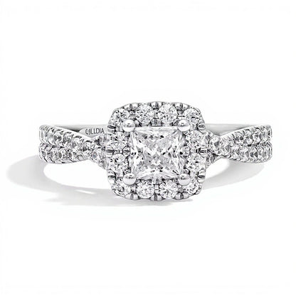1.0 CT. TW Princess-Cut Lab-Grown Diamond Cushion Frame Crossover Shank Engagement Ring in 14K White Gold