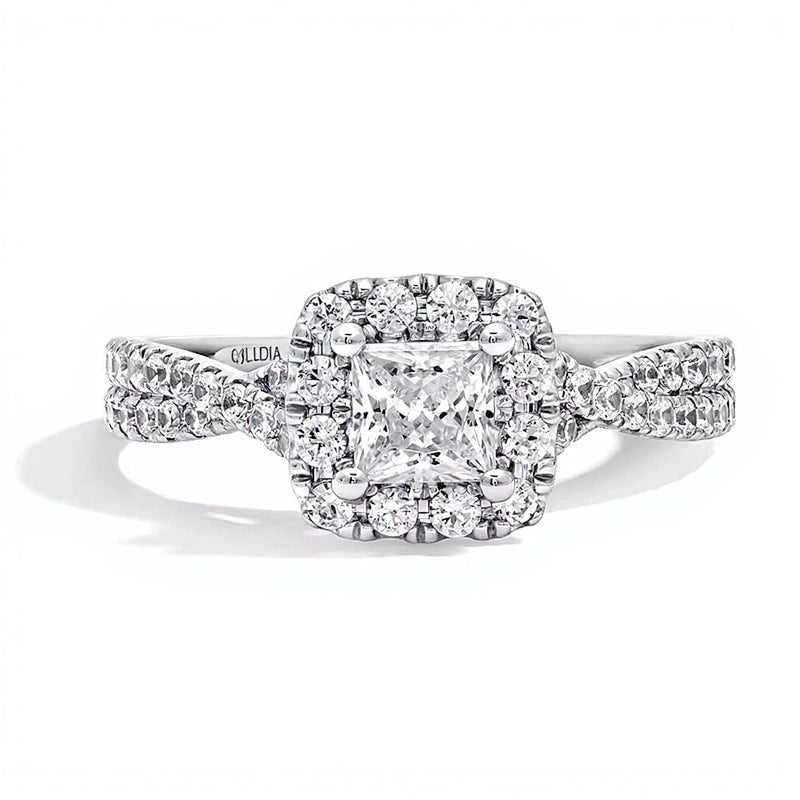 1.0 CT. TW Princess-Cut Lab-Grown Diamond Cushion Frame Crossover Shank Engagement Ring in 14K White Gold