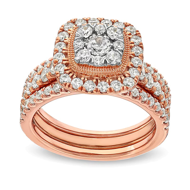 1.5 CT. TW Cushion Multi-Diamond Frame Three Piece Bridal Set in 10K Rose Gold