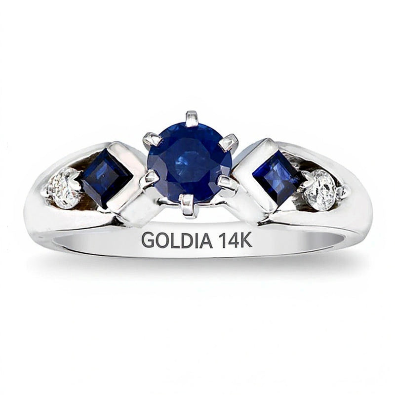5.0mm Blue Sapphire and 0.1 CT. TW Diamond Engagement Ring in 14K White Gold