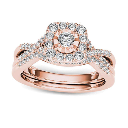 0.38 CT. TW Diamond Cushion Frame Twist Shank Bridal Set in 14K Rose Gold