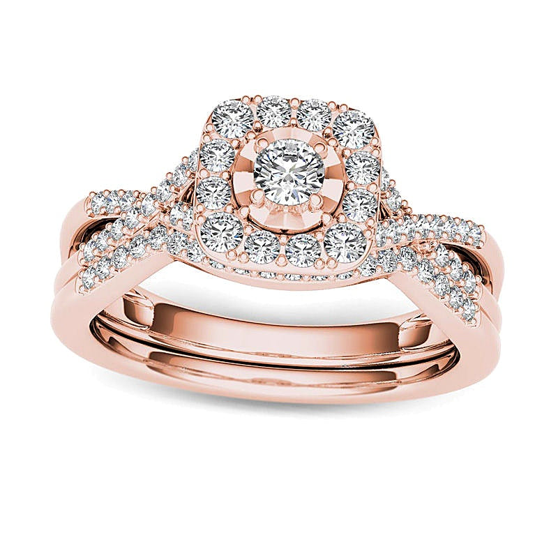 0.38 CT. TW Diamond Cushion Frame Twist Shank Bridal Set in 14K Rose Gold