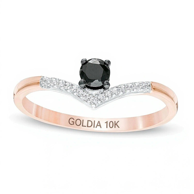 0.2 CT. TW Enhanced Black and White Diamond Chevron Promise Ring in 10K Rose Gold