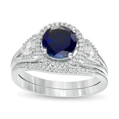 7.0mm Lab-Created Blue and White Sapphire and 0.25 CT. TW Diamond Frame Three Stone Bridal Set in Sterling Silver