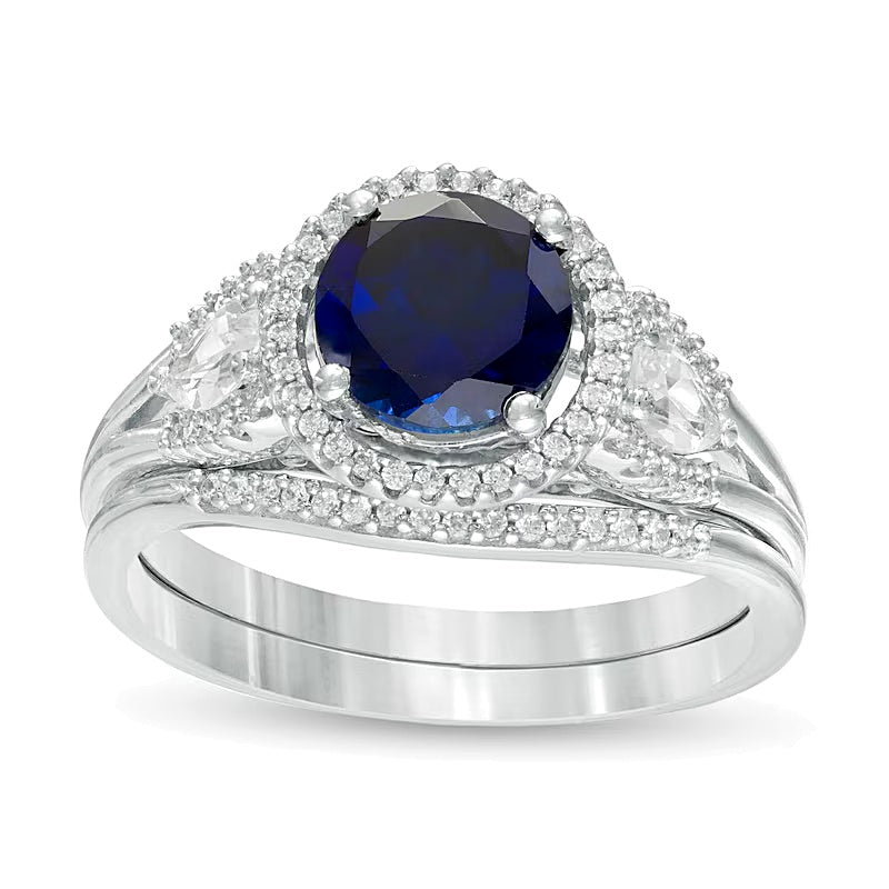 7.0mm Lab-Created Blue and White Sapphire and 0.25 CT. TW Diamond Frame Three Stone Bridal Set in Sterling Silver