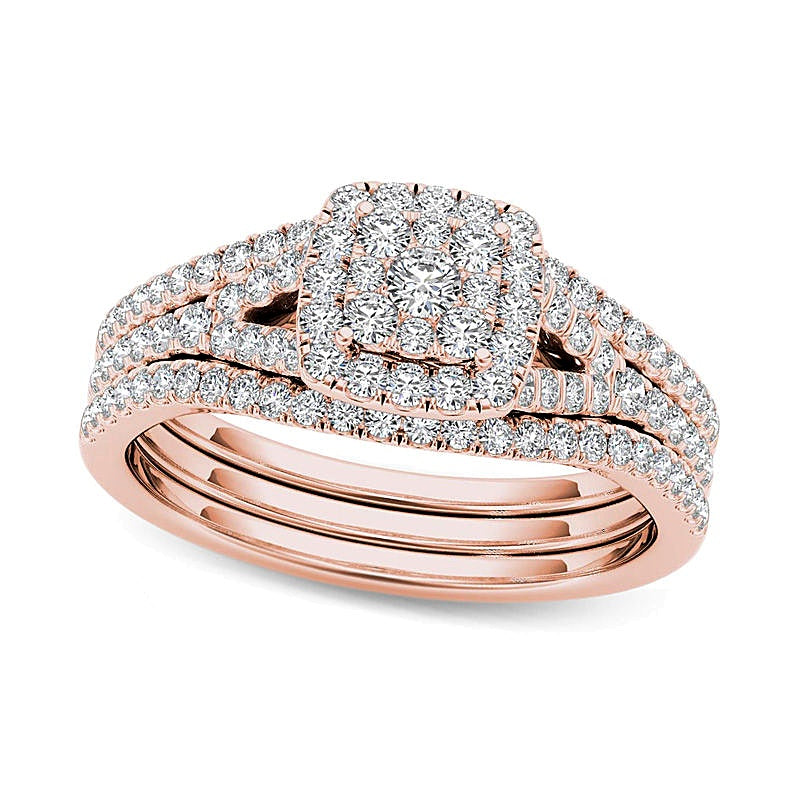 0.75 CT. TW Composite Diamond Cushion Frame Three Piece Bridal Set in 14K Rose Gold