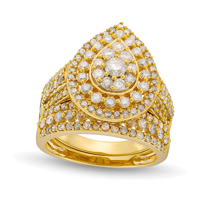 2.0 CT. TW Pear Multi-Diamond Teardrop Frame Multi-Row Bridal Set in 10K Gold