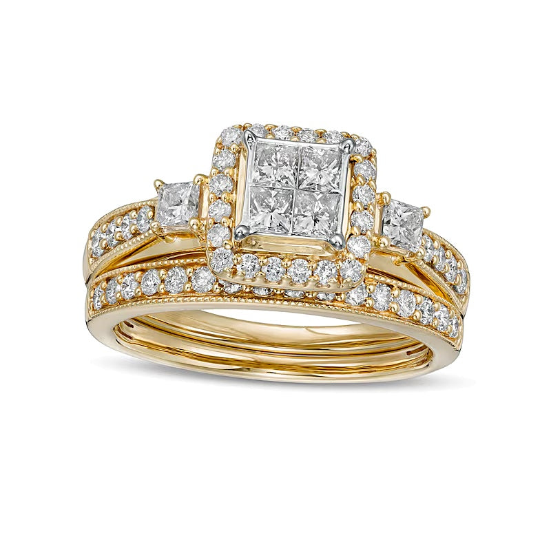 1.0 CT. TW Princess-Cut Quad Diamond Cushion-Shaped Frame Vintage-Style Bridal Set in 10K Gold