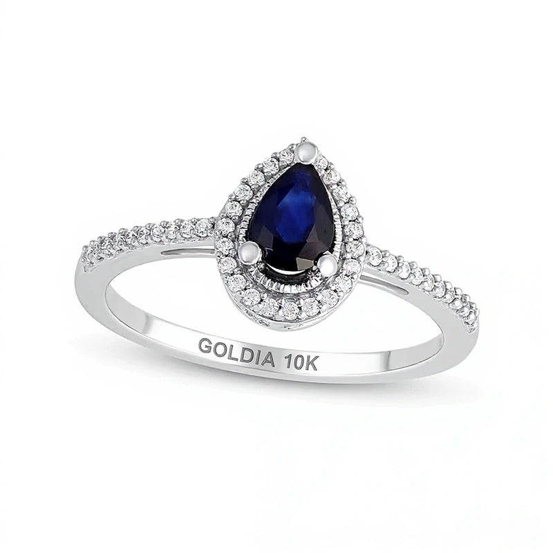 Pear-Shaped Blue Sapphire and 0.1 CT. TW Diamond Frame Vintage-Style Ring in 10K White Gold