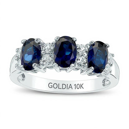 Oval Lab-Created Blue and White Sapphire Three Stone Ring in 10K White Gold