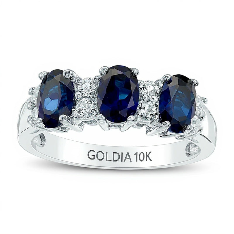 Oval Lab-Created Blue and White Sapphire Three Stone Ring in 10K White Gold