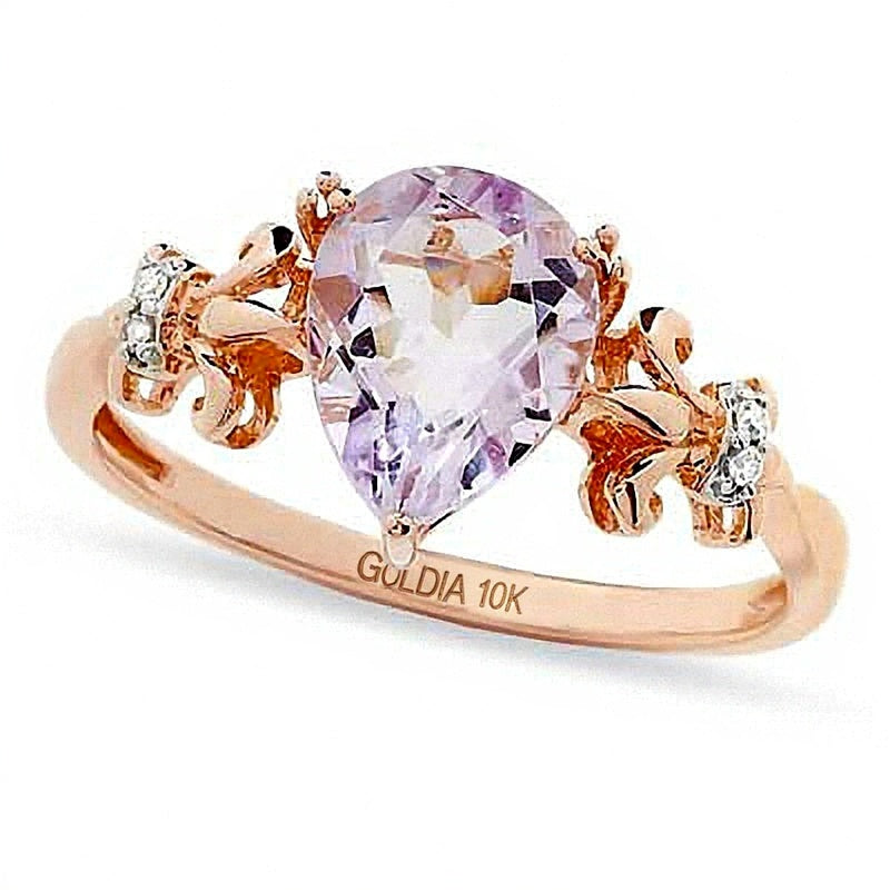 Pear-Shaped Amethyst and Diamond Accent Fleur-de-Lis Ring in 10K Rose Gold