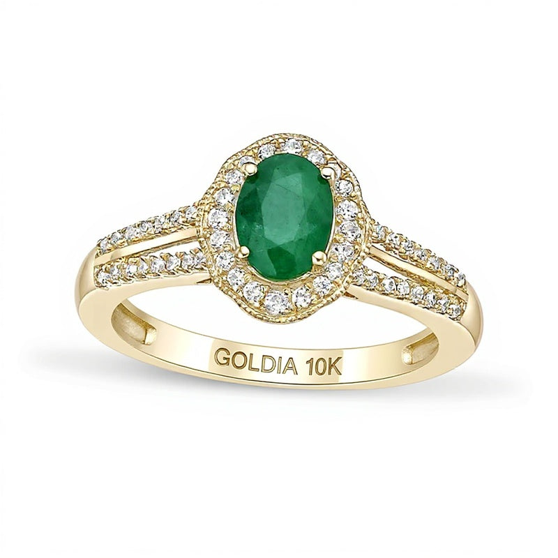 Oval Emerald and 0.25 CT. TW Diamond Frame Split Shank Ring in 10K Gold