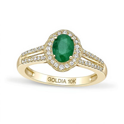 Oval Emerald and 0.25 CT. TW Diamond Frame Split Shank Ring in 10K Gold