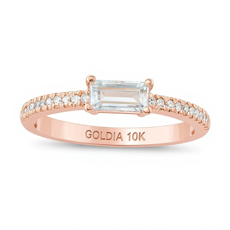 Sideways Baguette Aquamarine and 0.1 CT. TW Diamond Stackable Ring in 10K Rose Gold