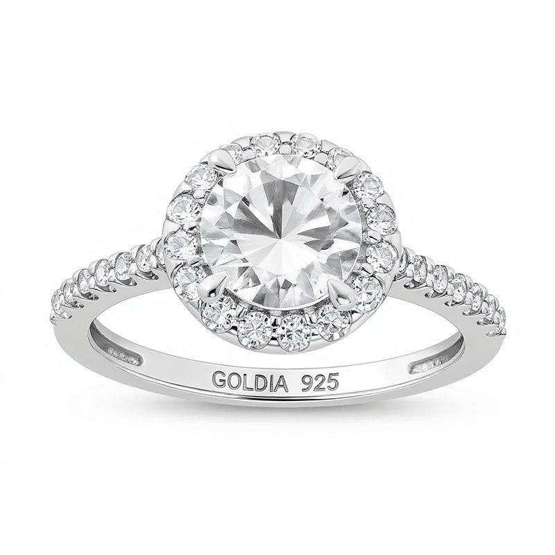 7.0mm White Lab-Created Sapphire Framed Engagement Ring in Sterling Silver