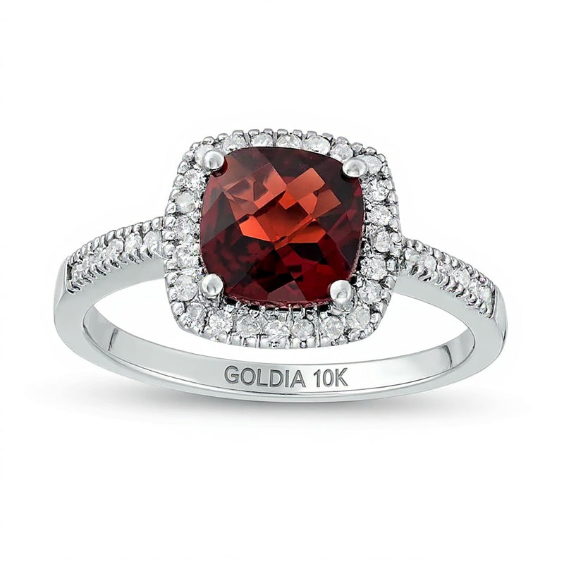 7.0mm Cushion-Shaped Garnet and 0.2 CT. TW Diamond Frame Ring in 10K White Gold
