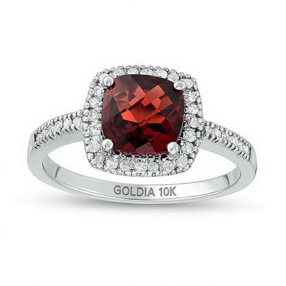7.0mm Cushion-Shaped Garnet and 0.2 CT. TW Diamond Frame Ring in 10K White Gold