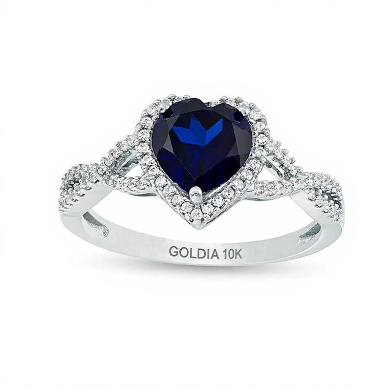 7.0mm Heart-Shaped Lab-Created Blue Sapphire and 0.2 CT. TW Diamond Frame Crossover Ring in 10K White Gold