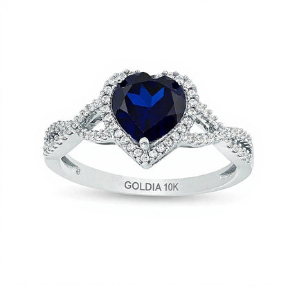 7.0mm Heart-Shaped Lab-Created Blue Sapphire and 0.2 CT. TW Diamond Frame Crossover Ring in 10K White Gold