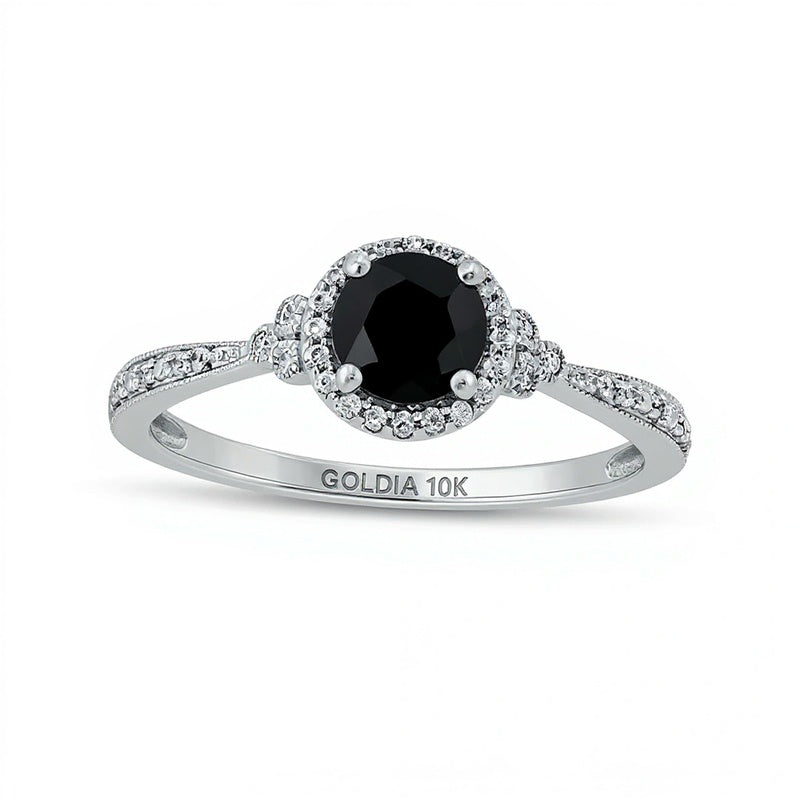 5.0mm Black Sapphire and 0.1 CT. TW Diamond Framed Tri-Sides Vintage-Style Engagement Ring in 10K White Gold