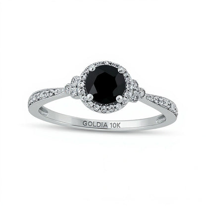 5.0mm Black Sapphire and 0.1 CT. TW Diamond Framed Tri-Sides Vintage-Style Engagement Ring in 10K White Gold