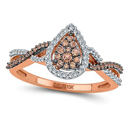 0.33 CT. TW Champagne and White Diamond Pear-Shaped Frame Twist Ring in 10K Rose Gold