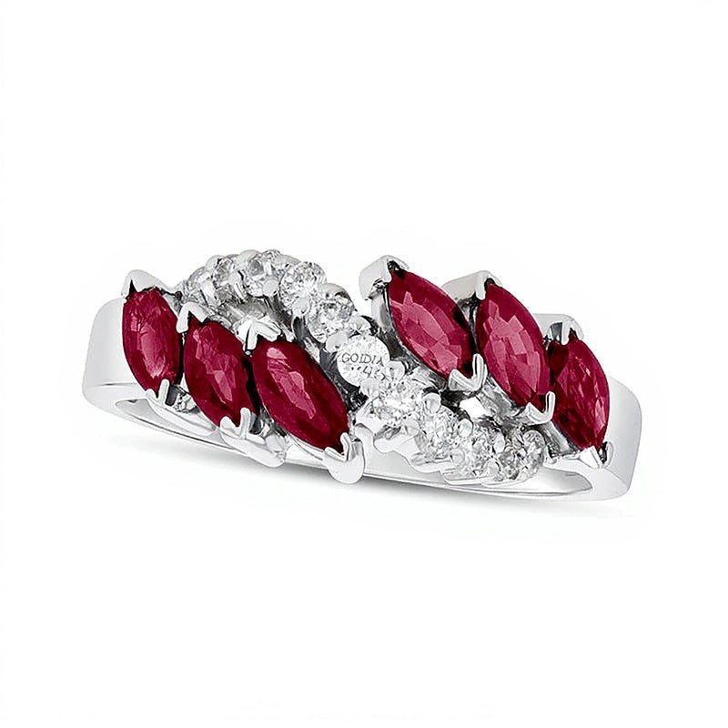 Marquise Ruby and 0.25 CT. TW Diamond Slant Ring in 14K White Gold