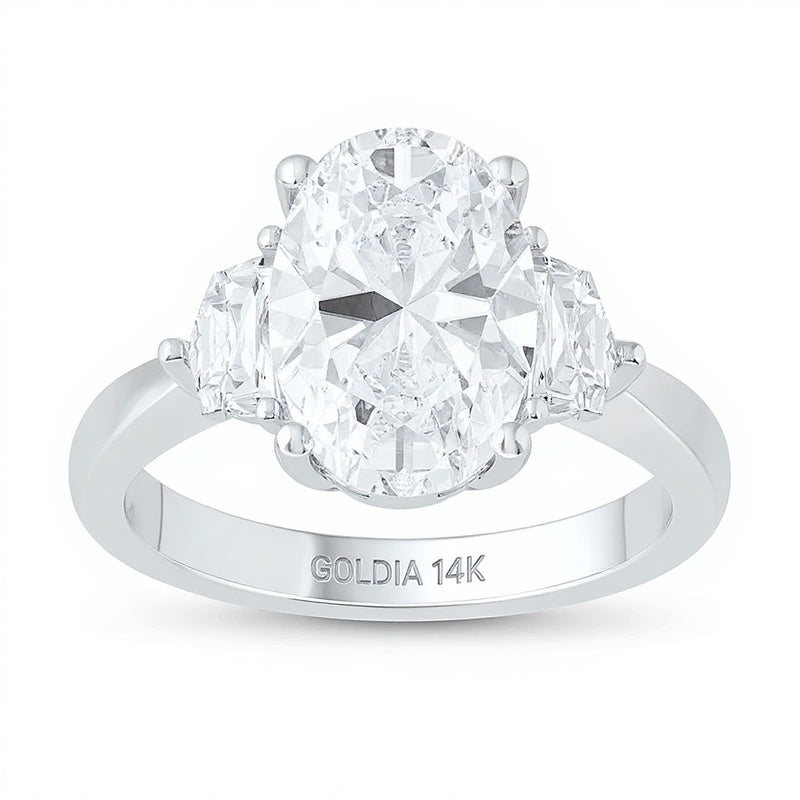 4.75 CT. TW Oval and Shield Lab-Grown Diamond Three Stone Engagement Ring in 14K White Gold (F/VS2)
