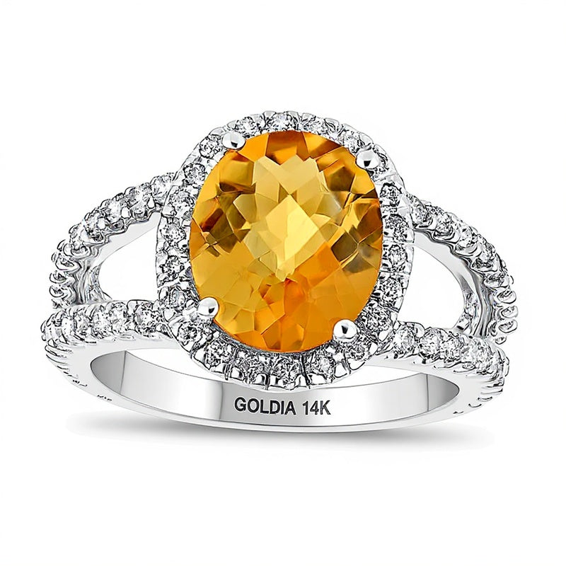 Oval Citrine and 0.88 CT. TW Diamond Frame Split Shank Ring in 14K White Gold