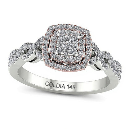0.33 CT. TW Composite Diamond Double Cushion Frame Twist Engagement Ring in 14K Two-Tone Gold