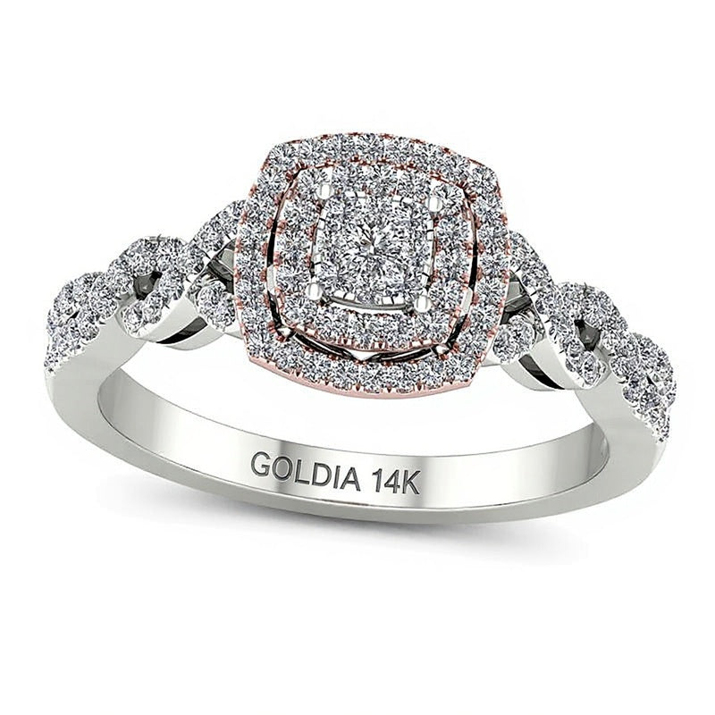 0.33 CT. TW Composite Diamond Double Cushion Frame Twist Engagement Ring in 14K Two-Tone Gold
