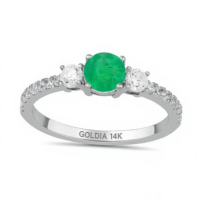 5.0mm Emerald and 0.38 CT. TW Lab-Grown Diamond Three Stone Ring in 14K White Gold